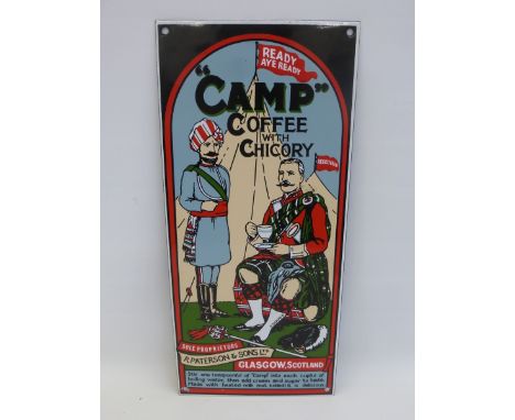 A reproduction "Camp" Coffee with Chicory enamel sign, 6 1/2 x 14".