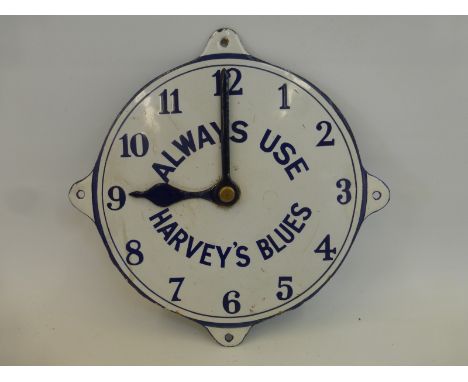 A Harvey's Blues blue and white enamel clock face sign, with restoration to the fixing lugs, 9 1/2 x 9 1/2".
