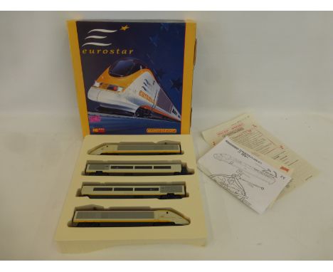 A Hornby H0 Scale Eurostar Class 373 powered locomotive, a Class 373 unpowered locomotive and two passenger saloons, unopened