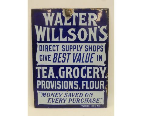 A Walter Willson's rectangular enamel sign advertising Tea, Grocery, Provisions and Flour, by Falkirk Iron Co., with good glo