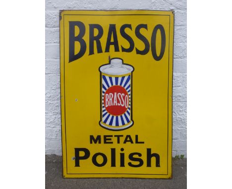 A good Brasso Metal Polish part pictorial rectangular enamel sign depicting a can to the centre, in excellent condition, 24 x