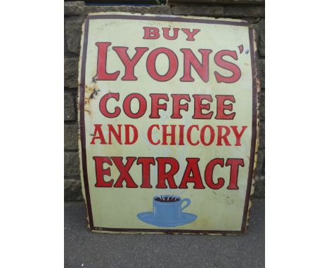 A Lyon's Coffee and Chicory Extract part pictorial enamel sign depicting a steaming cup of tea.