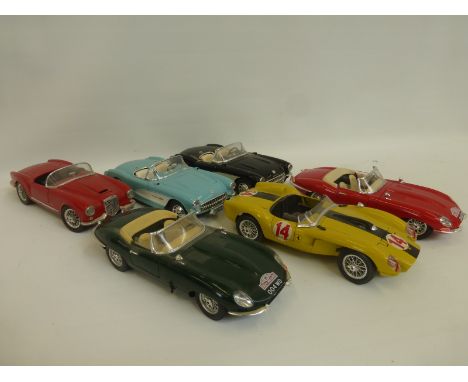 Six assorted Burago 1/18 scale die-cast - Ferrari 250 Testa Rossa 1957, 1961 Jaguar E, Lancia Spider, 1957 Chevrolet etc