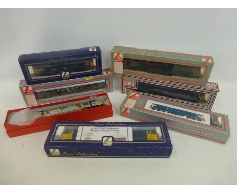 Five boxed Lima models 00 gauge locomotives and a boxed Schlafwagen also a Lima locomotive, incorrectly boxed.