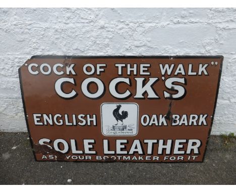 A Cock's Sole Leather rectangular enamel sign "Cock of the Walk", 24 x 15".