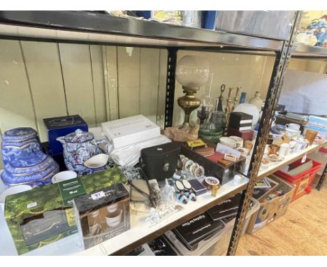 Ringtons, china, linens, binoculars, oil lamp, pair of brass candlesticks, two clarinets and collectables.