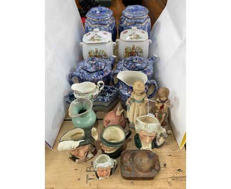 Ringtons caddies, teapots and cream jug, four Royal Doulton character jugs, two Royal Worcester figures Mondays and Saturdays