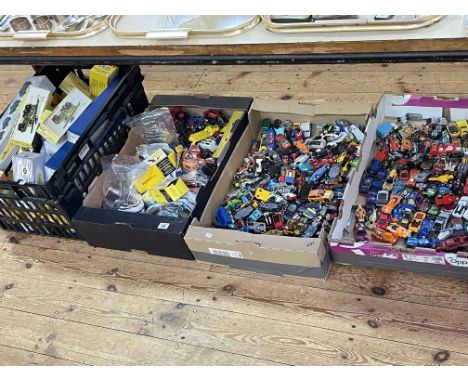 Three boxes of various model vehicles, box of Dinky toy boxes, etc.