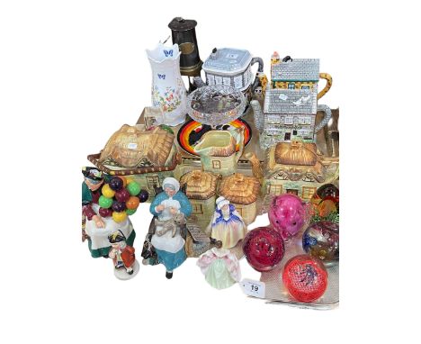 Three novelty teapots, Cottage teaware, miners lamp, four Royal Doulton figures, glass paperweights, etc.