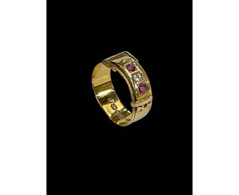 Ruby and diamond 18 carat gold buckle ring, size Q.