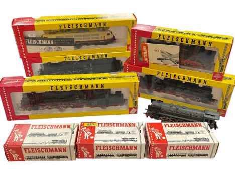 Five Fleischmann models of steam Loco's including three with tenders, electric Loco and three coaches.