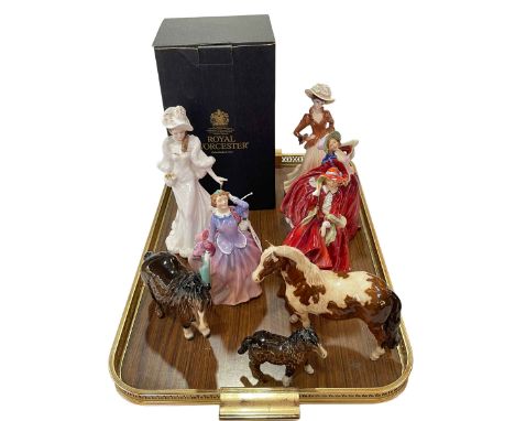 Three Royal Doulton ladies, Royal Worcester 'Eleanor', Coalport 'Joan', and three Beswick ponies.