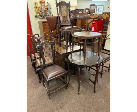 19th Century mahogany drop leaf dining table, oak gate leg table, occasional table, Bentwood armchair, set of four and set of