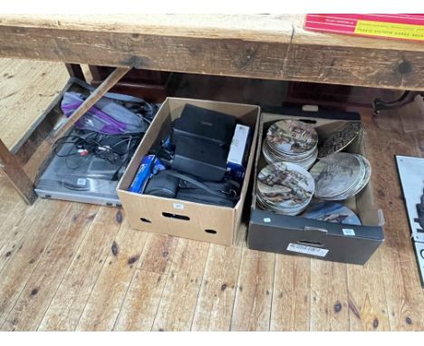 Ion record deck, Mustek DVD player, bag and headphones, three pairs of binoculars, two cameras, collectors plates, etc.