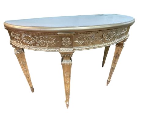 Regency style gilt painted demi lune console table, 93cm by 143cm by 58cm.