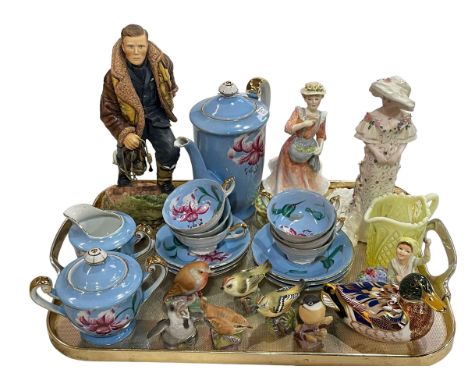 Ashmor figure of RAF pilot, Royal Crown Derby duck, five Royal Worcester and Copenhagen birds, Royal Worcester figure 'Italy'