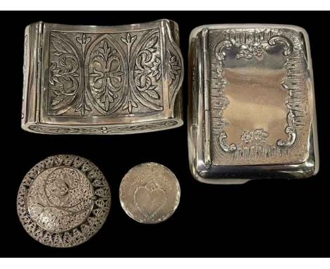 Small silver patch box, Birmingham 1798 and three white metal boxes.