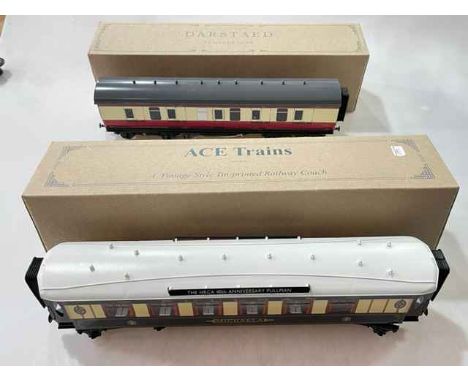Darstaed De Luxe model of rail coach and Ace Trains vintage style railway coach.