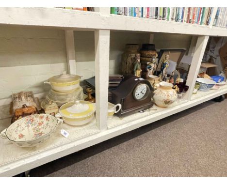 Collection of LP records, West German vases, mahogany mantel clock, figures on marble plinths, early porcelain, etc.