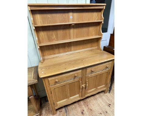 Ercol elm Old Colonial shelf back dresser, 161cm by 122cm by 49cm.