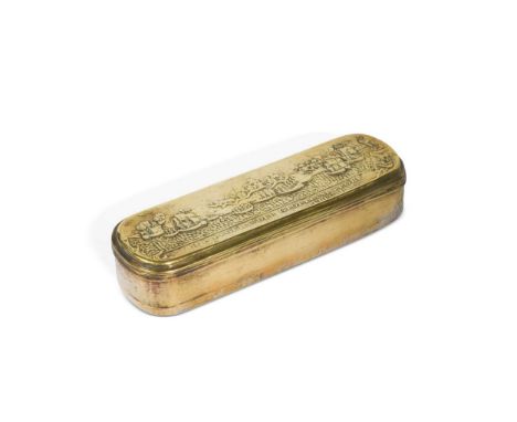 A Dutch brass tobacco box, 18th century, the lid embossed with a scene from the British expedition against Martinique, the in