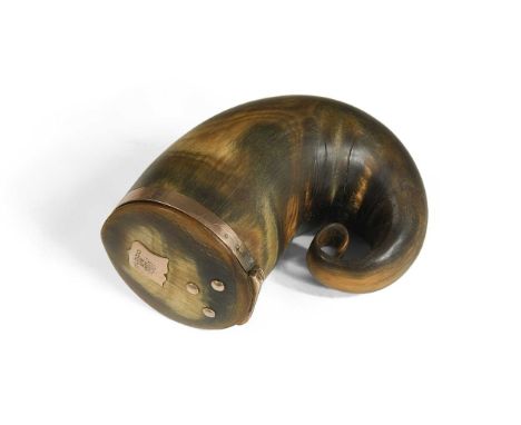 A Scottish ram's horn snuff mull, 19th century, mounted with yellow metal collar and engraved cartouche to hinged lid8cm long