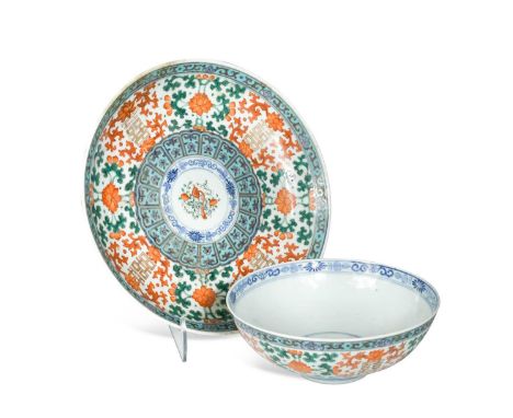 A Chinese porcelain shou bowl, Qing Dynasty, 19th century, painted with lotus leaves, shou character and lappets 17.5cm diame