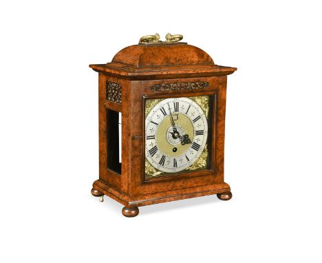 A William & Mary bracket timepiece by Joseph Williamson, London, in a later burr yew case, the 17cm brass dial with 5 pillar 