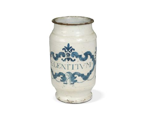 A Delft blue and white drug jar, 18th century, titled 'E.LENITIVM', within a figural cartouche 18cm highProvenance:Old Oaks, 
