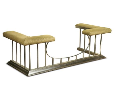 A stainless steel club fender, modern, the padded seats upholstered in studded olive green fabric54 x 176 x 75cmInternal144cm