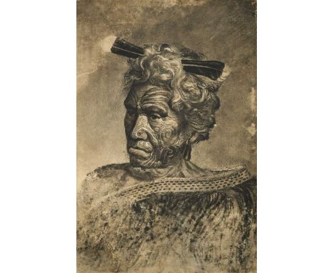 T*** Steven Jr., late 19th century Portrait of a 'Paikea', a Māori man, with Tā moko tattoo and a korowai cloaksigned 'T.Stev