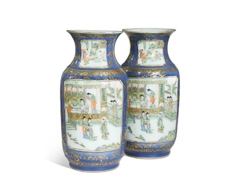 A pair of Chinese famille verte and powder blue ground porcelain vases, Qing Dynasty, 19th century, each painted with panels 