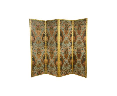 An embossed Spanish hand painted leather four fold screen, 19th century,  each rectangular panel decorated with painted flowe