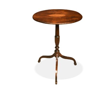 A Regency mahogany tripod table, the circular top inlaid with a floral-marquetry satinwood panel and raised on a turned colum