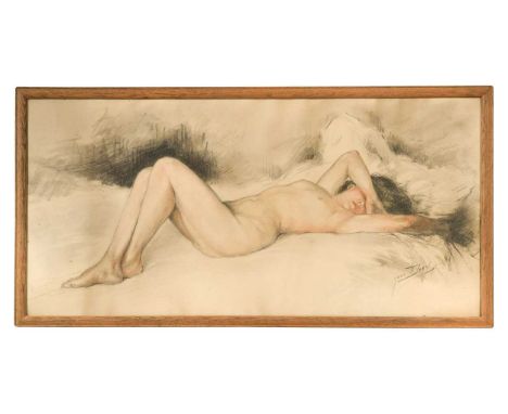 § Yves Diey (French, 1892-1984) Reclining female nudesigned 'yves Diey' (lower right)coloured chalks36 x 75cm