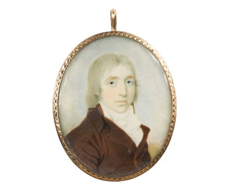 Attributed to Charles Robertson (Irish, 1760-1821) Portrait miniature of a gentleman in a brown jacket and white cravatwaterc