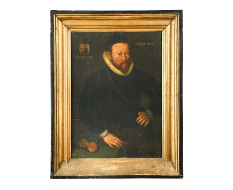 Circle of Pieter Pourbus (Flemish, 1523-1584) Portrait of a gentleman, standing three quarter length, in black beside a table