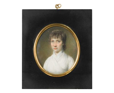 English School, 19th century Portrait miniature of a lady in a white dresssigned indistinctly centre right '(J./T.?) P. (Jick