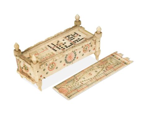 A French Napoleonic Prisoner of War bone dominoes and cribbage set, early 19th century, the bone dominoes and peg markers con