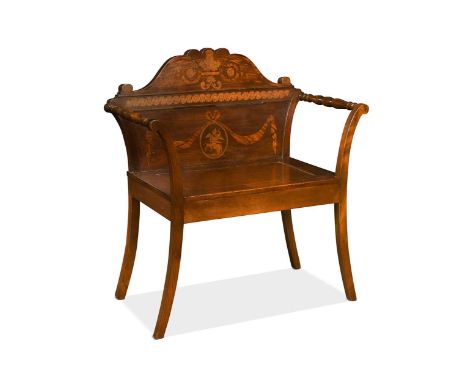 A mahogany and marquetry hall seat, circa 1800, the arched back with a cartouche depicting St George flanked by outswept arms