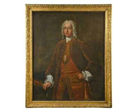 Attributed to Jean-Baptiste Van Loo (French, 1684-1745)  Portrait of a gentleman in brown velvet coat and red waistcoat, stan