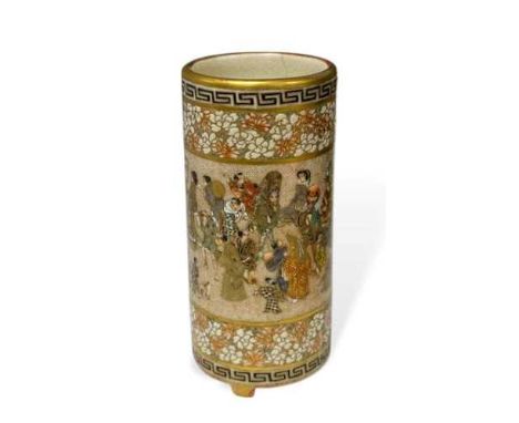 A Japanese Satsuma cylindrical vase, Yabu Meizan, circa 1900, painted with a continuous festival scene with numerous figures 
