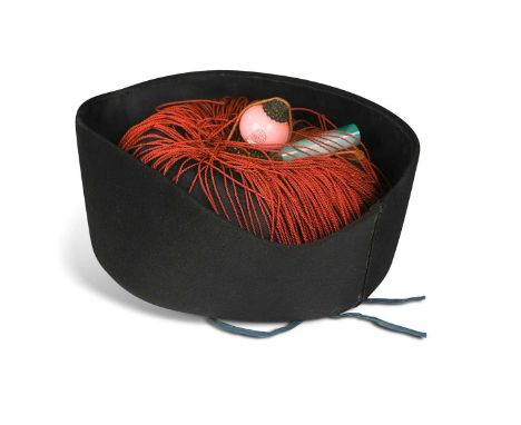 A Chinese Official's winter court hat, Chao Chao, late Wing Dynasty, covered to the exterior with black fur, the domed inner 