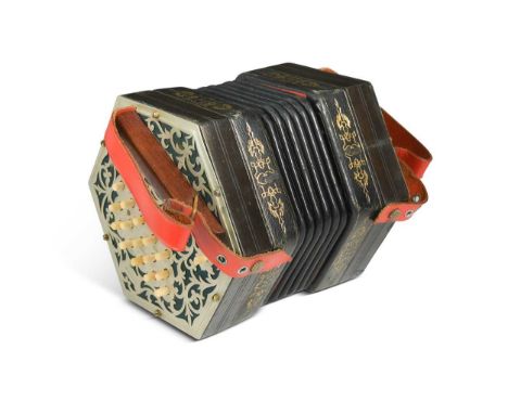 Pollitt's of Oldham, a 32-button Peerless Anglo concertina, probably made by John Crabb, the pierced hexagonal ends with bone