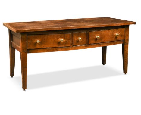 An oak and fruitwood farmhouse side table, 19th century, with two long and one short frieze drawer on square tapering legs80 