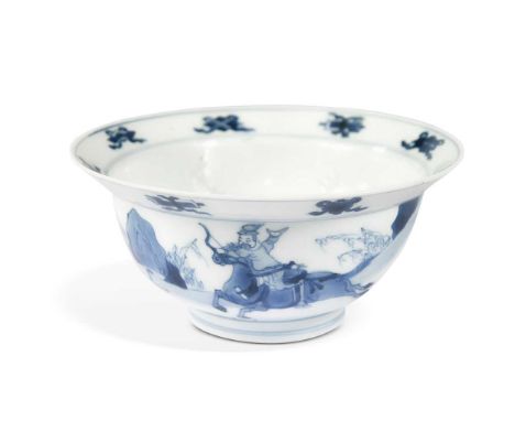 A Chinese blue and white hunting bowl, Kangxi Emperor (1662-1722), of klapmuts shape, the rim with eight Buddhist precious ob