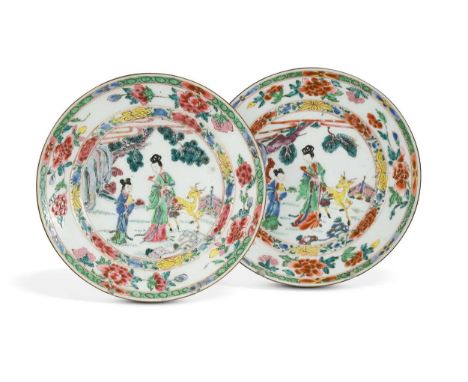 Two similar Chinese famille rose porcelain plates, Yongzheng Emperor (1722-1735), painted with a lady, attendant and deer22.5
