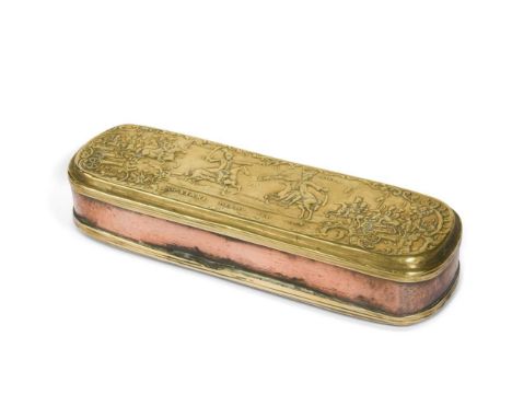 A German brass and copper tobacco box, 18th century, by Johann Heinrich Becker, embossed depictions of peace negotiations at 