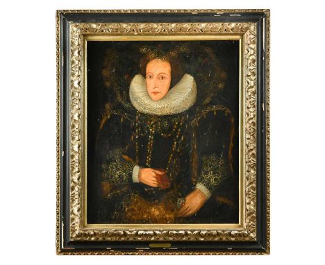 Circle of George Gower (English, 1540-1596)  Portrait of a lady, half length, richly attired in a pearl decorated dress, hold