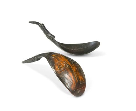 Two North American West coast carved goat horn feast spoons, Tlingit or Haida, 19th century, one with zoomorphic pointed term